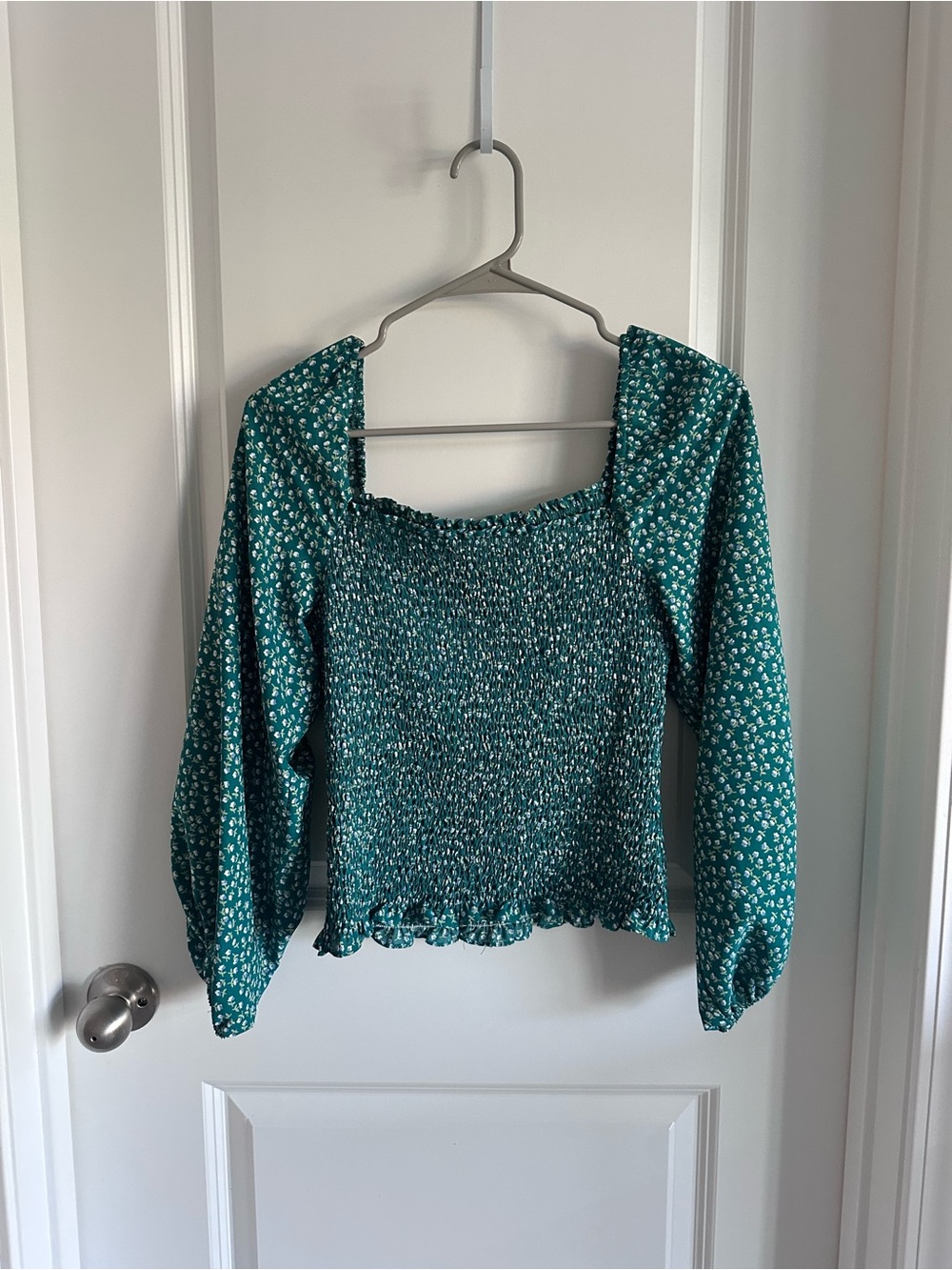 Amazon Teal Green Floral Smocked Square-Neck Blouse